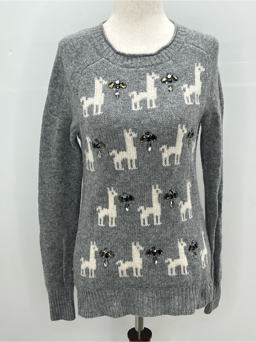 J.Crew Women’s Gray Wool Embellished Llama Animal Jacquard Crewneck Sweater XS